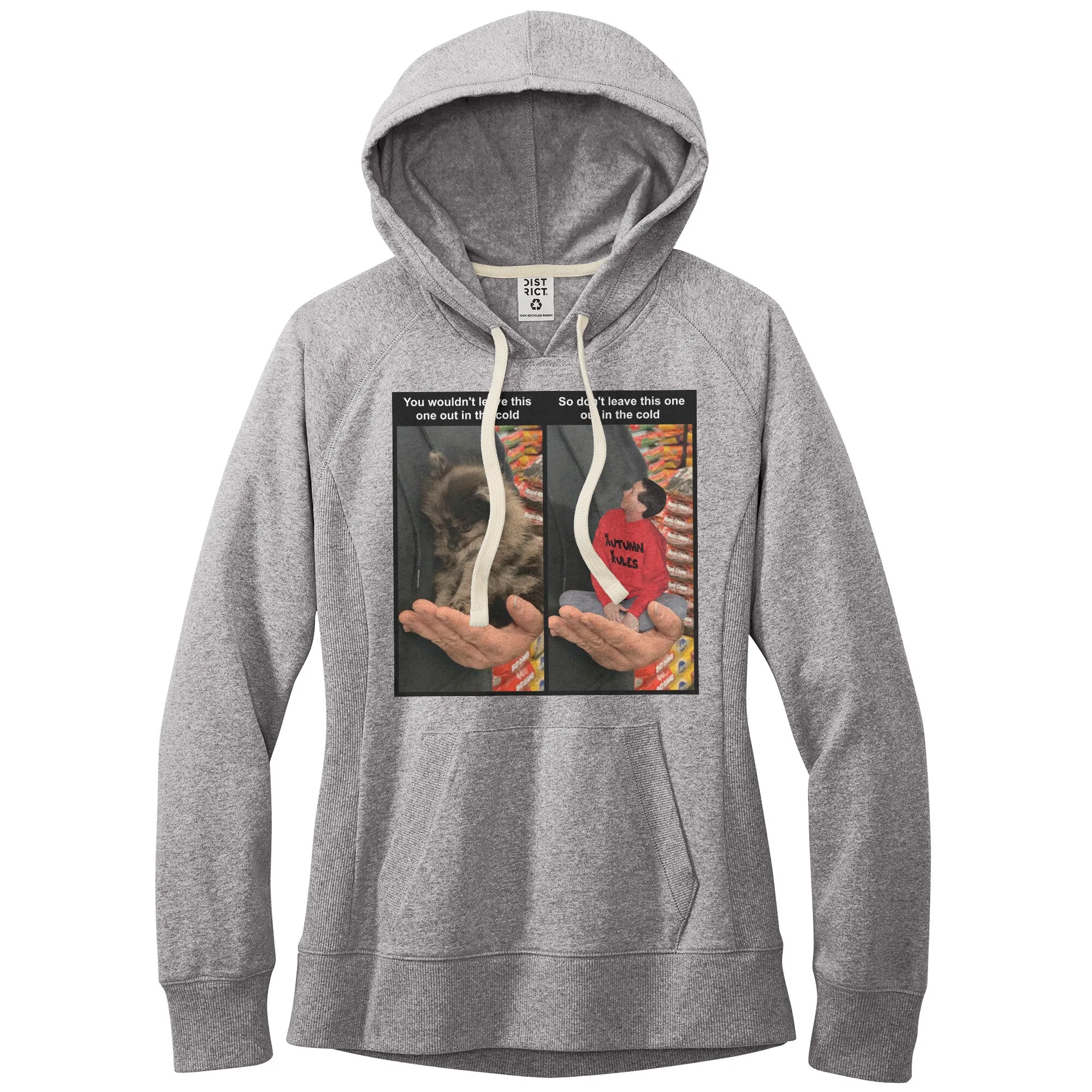 Women's Fleece Hoodie (Women's Sizes) - Don't leave pets in the cold PSA meme with tiny man in hand