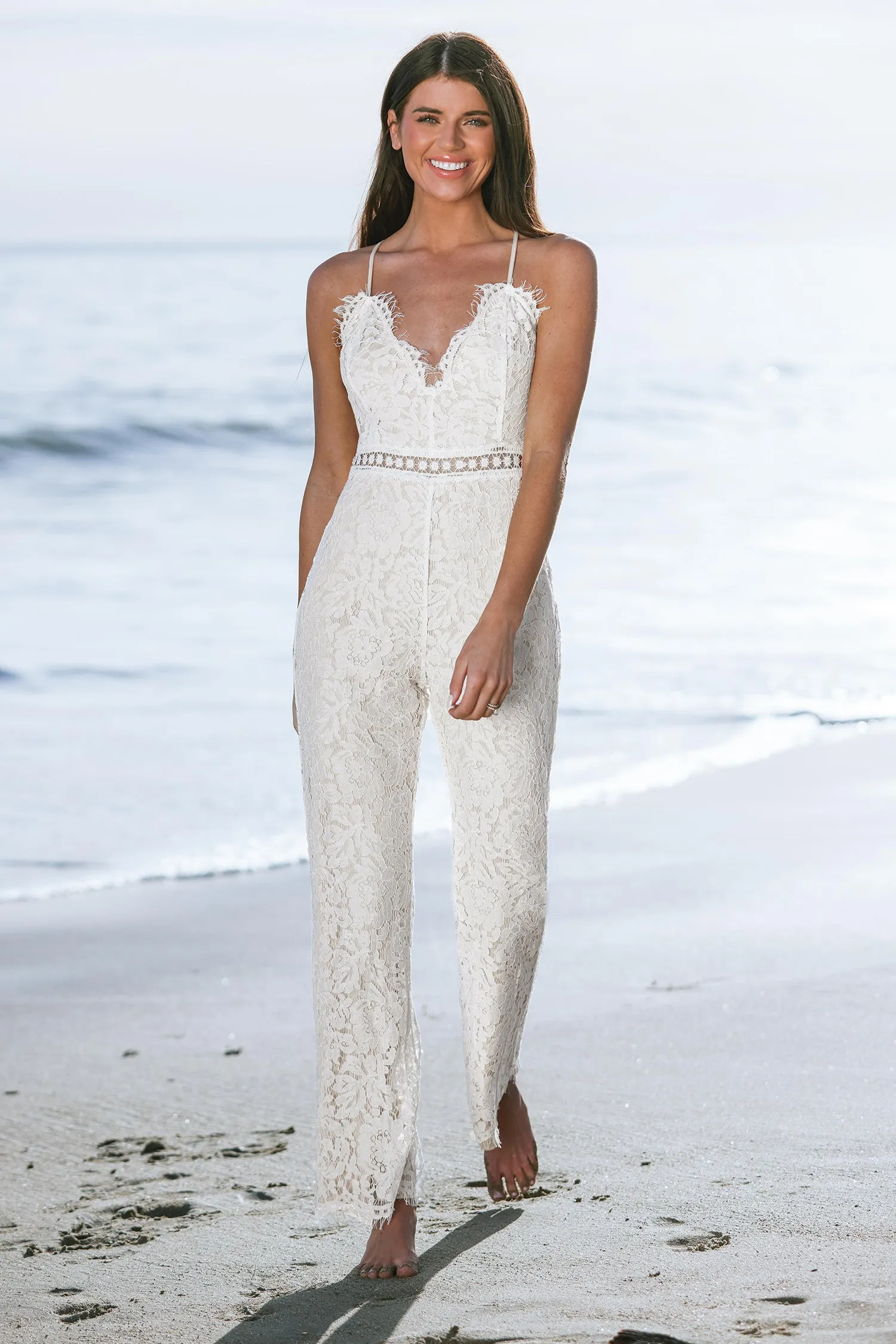 X Madison Beach Wedding Honeymoon Lace Strappy Fitted Jumpsuit