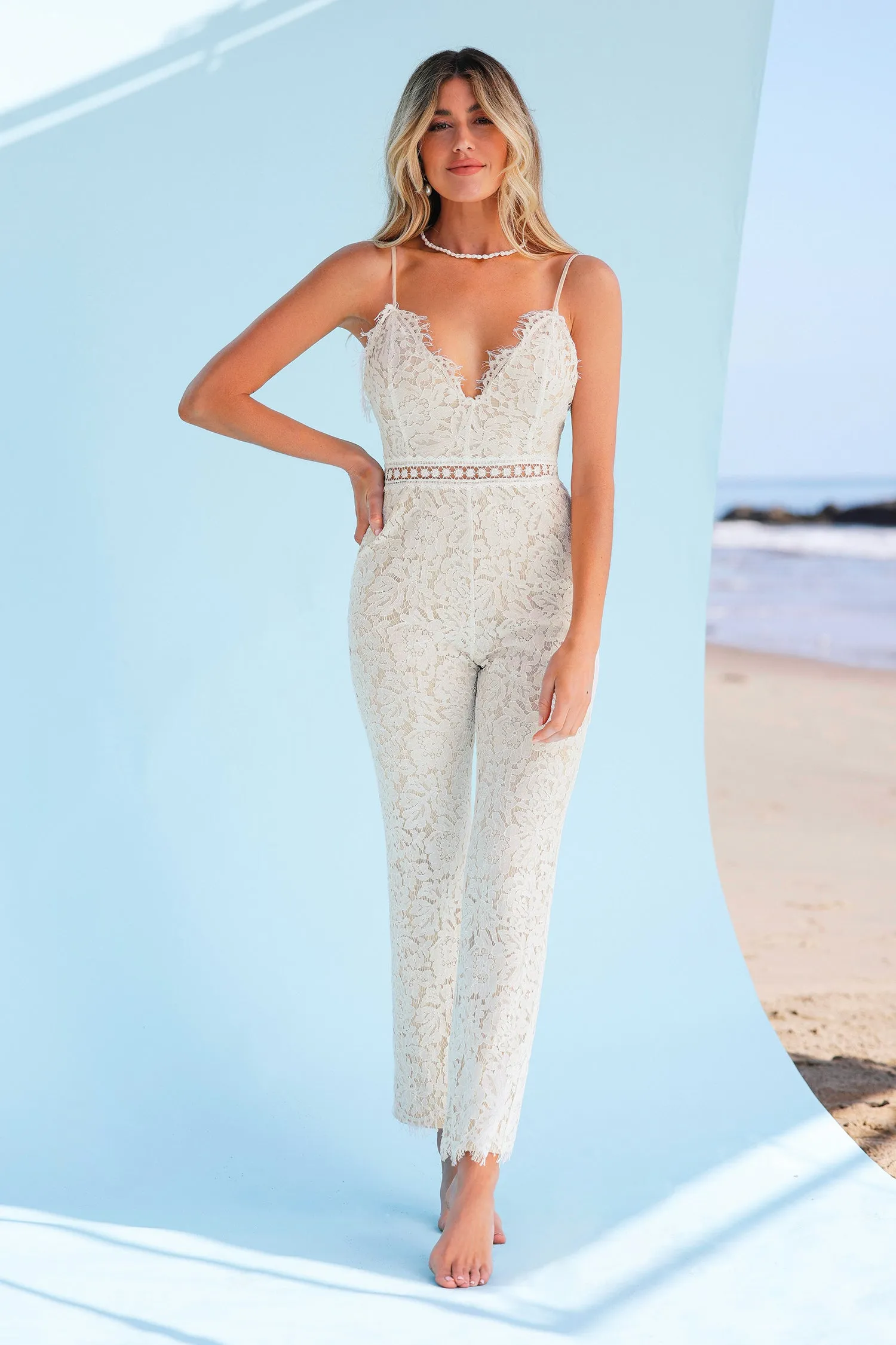 X Madison Beach Wedding Honeymoon Lace Strappy Fitted Jumpsuit