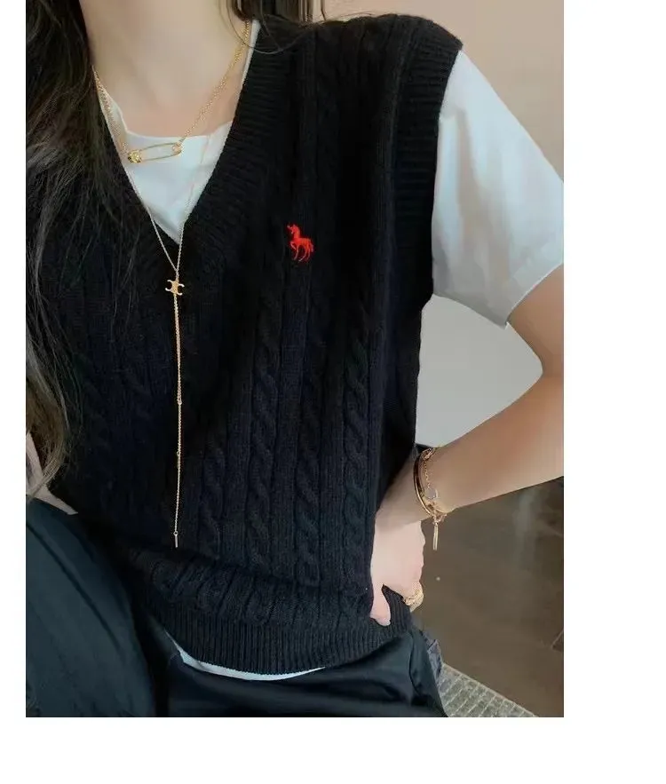 xakxx xakxx-High end fashion pony embroidered cashmere knitted vest pullover tank top for women's autumn and winter V-neck sweater camisole