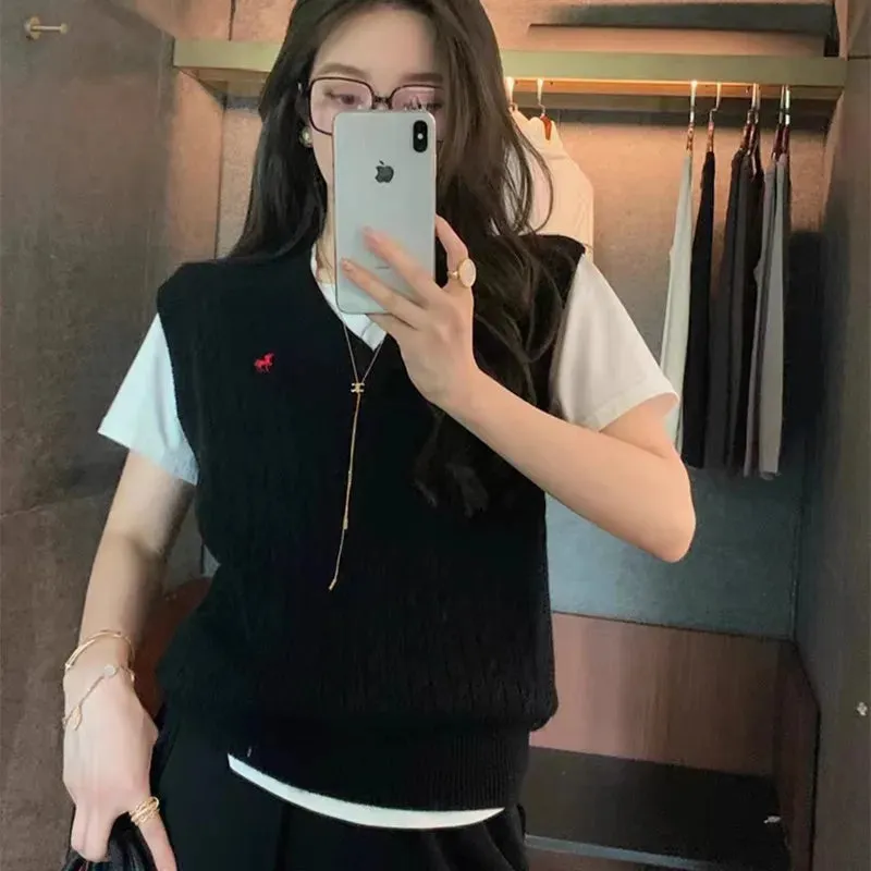 xakxx xakxx-High end fashion pony embroidered cashmere knitted vest pullover tank top for women's autumn and winter V-neck sweater camisole