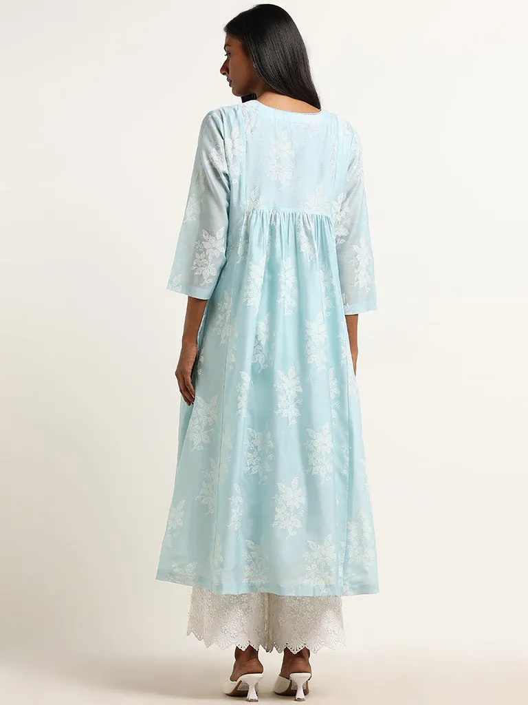 Zuba Blue Bandhani Floral Design Cotton Blend A-Line Kurta with Camisole